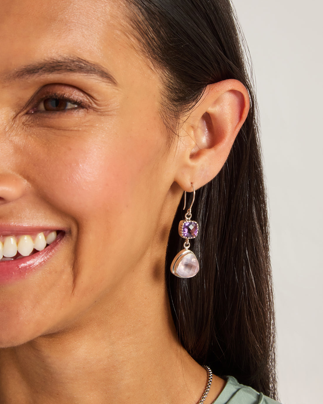 Angelfish Double Stone Drop Earrings - Amethyst/Rose Quartz