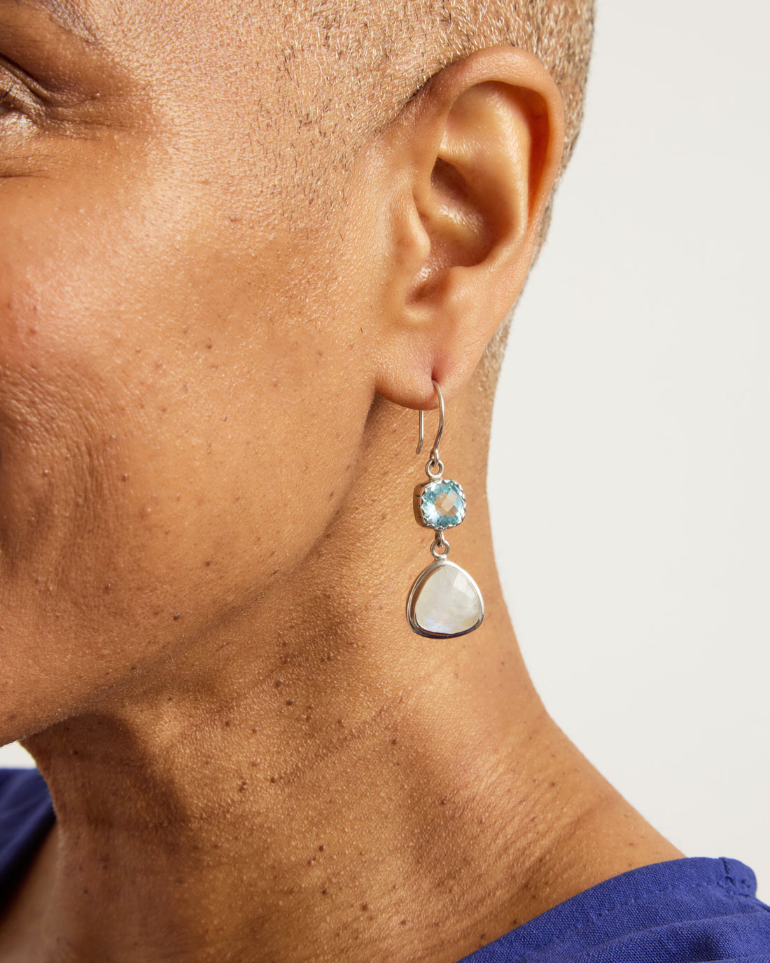 Angelfish Double Stone Drop Earrings - Sky Blue Topaz/Moonstone