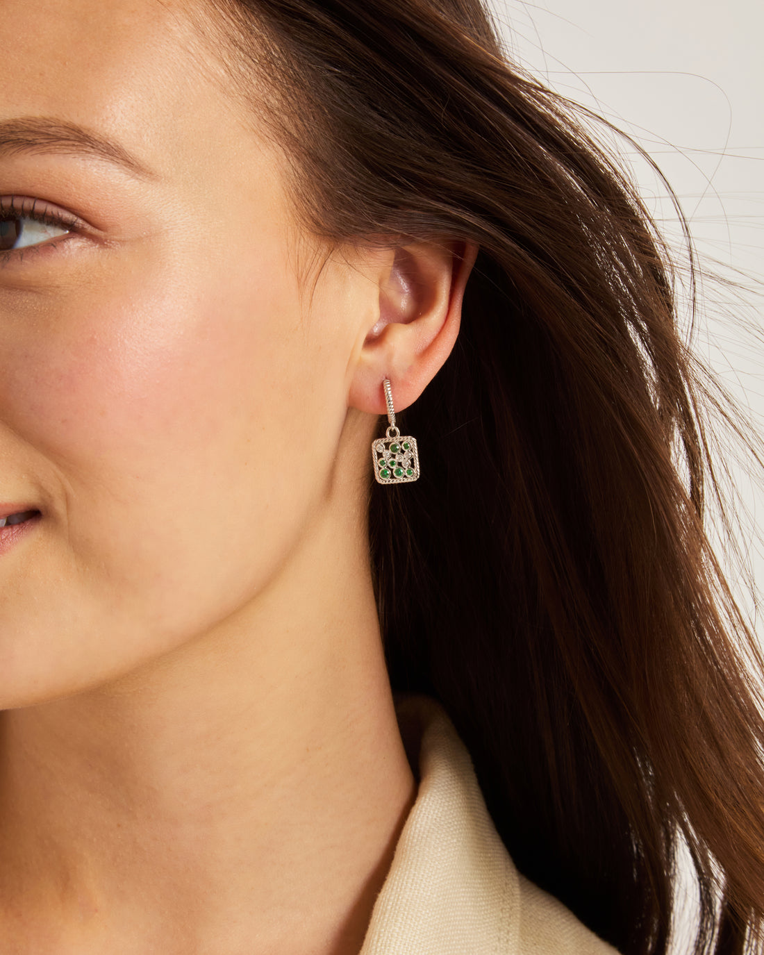 Twisted Ocean Bubbles Drop Huggie - Green Zircon/White Zircon