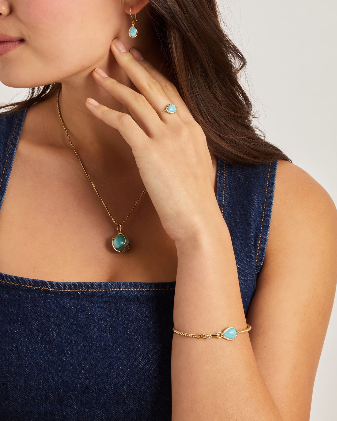 14K Gold Twisted Hook Bracelet with Dewdrop Stone - Larimar/Diamond