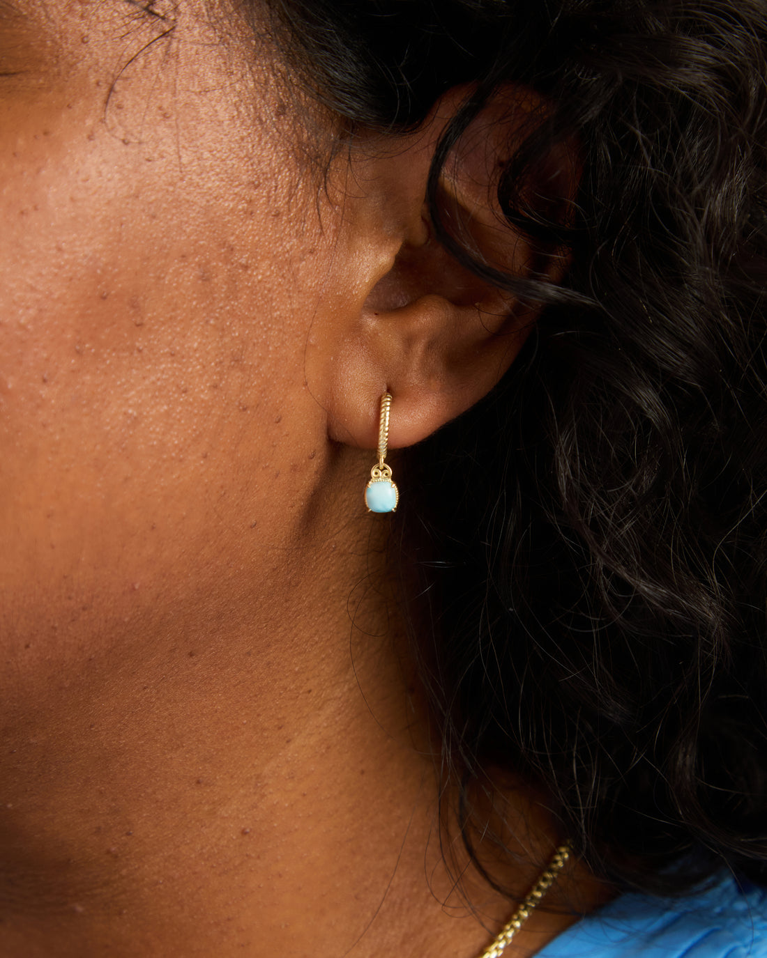 14K Gold Gemstone Drop Huggie -  Larimar