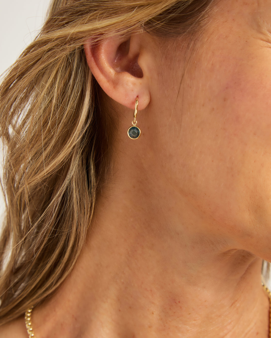 14K Gold Circle Stone Huggie - London Blue Topaz