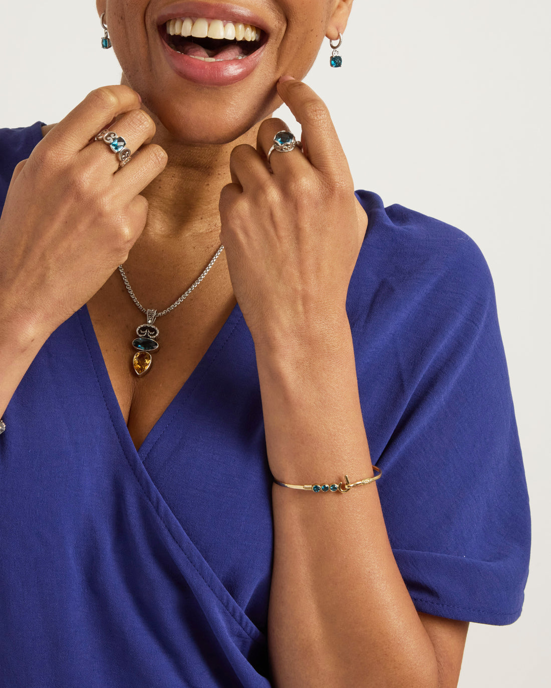 14K Gold St. John Hook Bracelet with Triple Stones, 2mm - London Blue Topaz