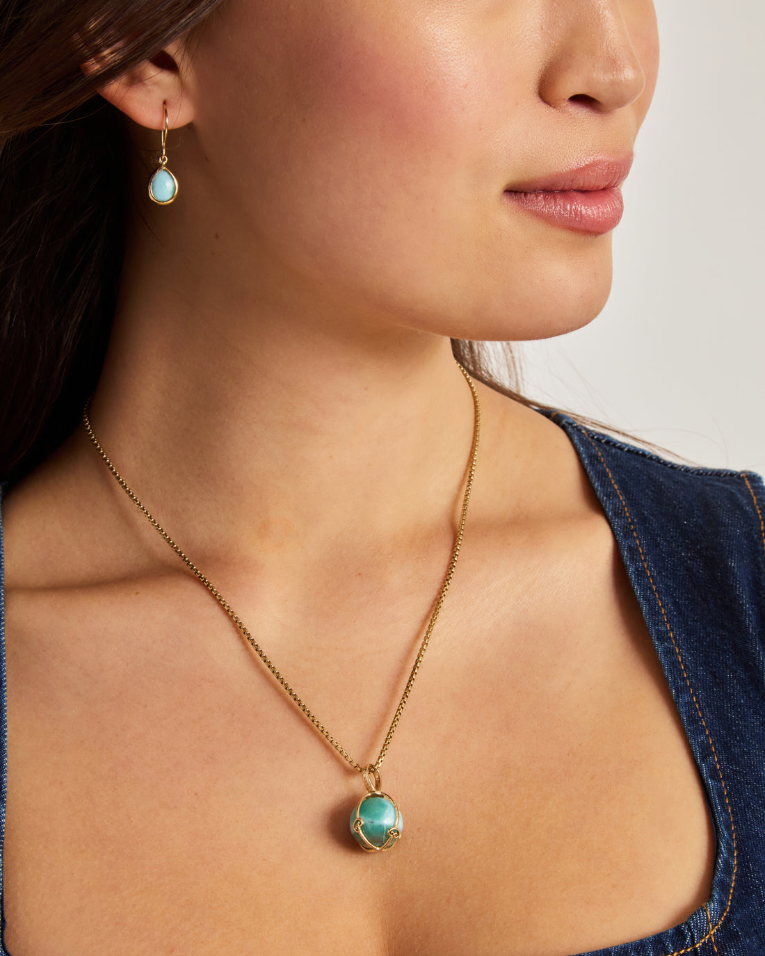 14K Gold Spinning Globe Stone Pendant with Diamond - Larimar