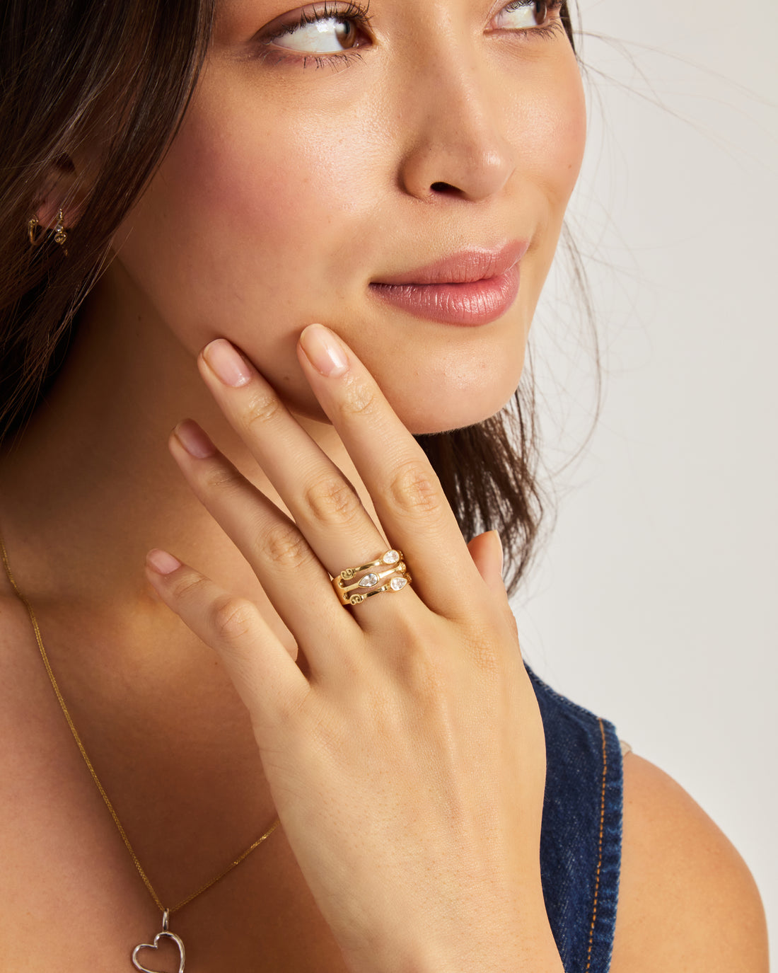 14K Gold Triple Band Ring with Stones - White Zircon