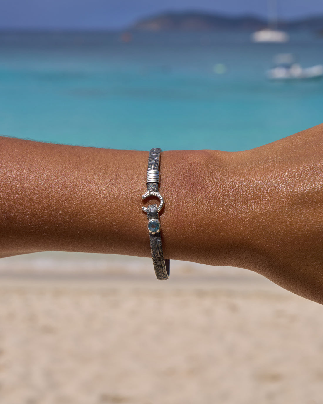 Marine Texture Hook Bracelet with Stone, 5mm - Sky Blue Topaz