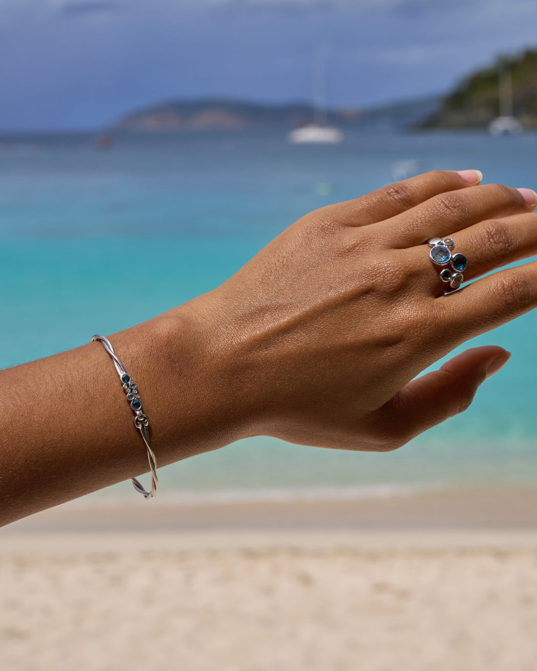 Twisted Petroglyph Bracelet with Bubble Stones - London Blue Topaz/Hampton Blue Topaz/White Zircon