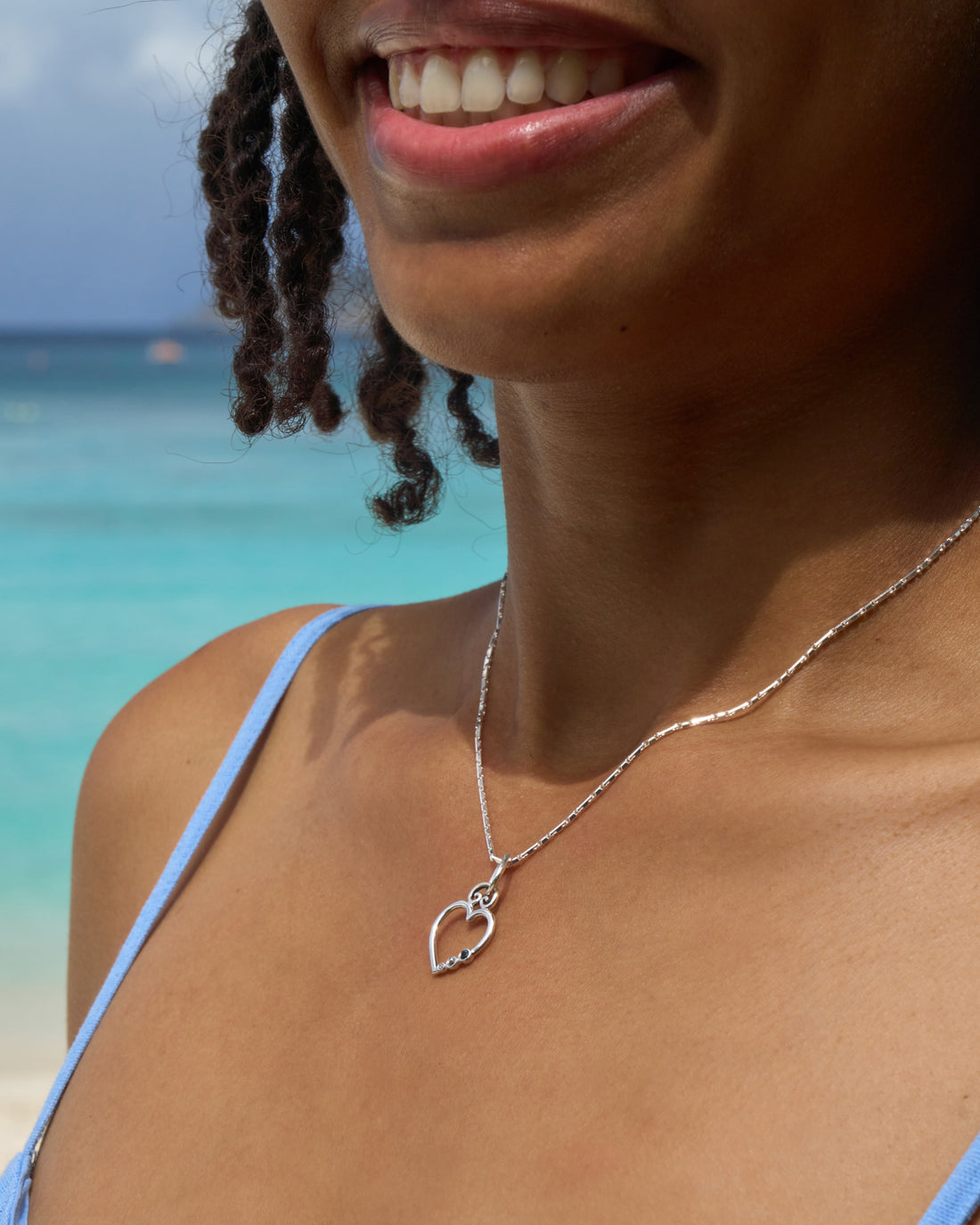 Open Heart Pendant with Triple Stones - White Zircon, Hampton Blue Topaz, London Blue Topaz