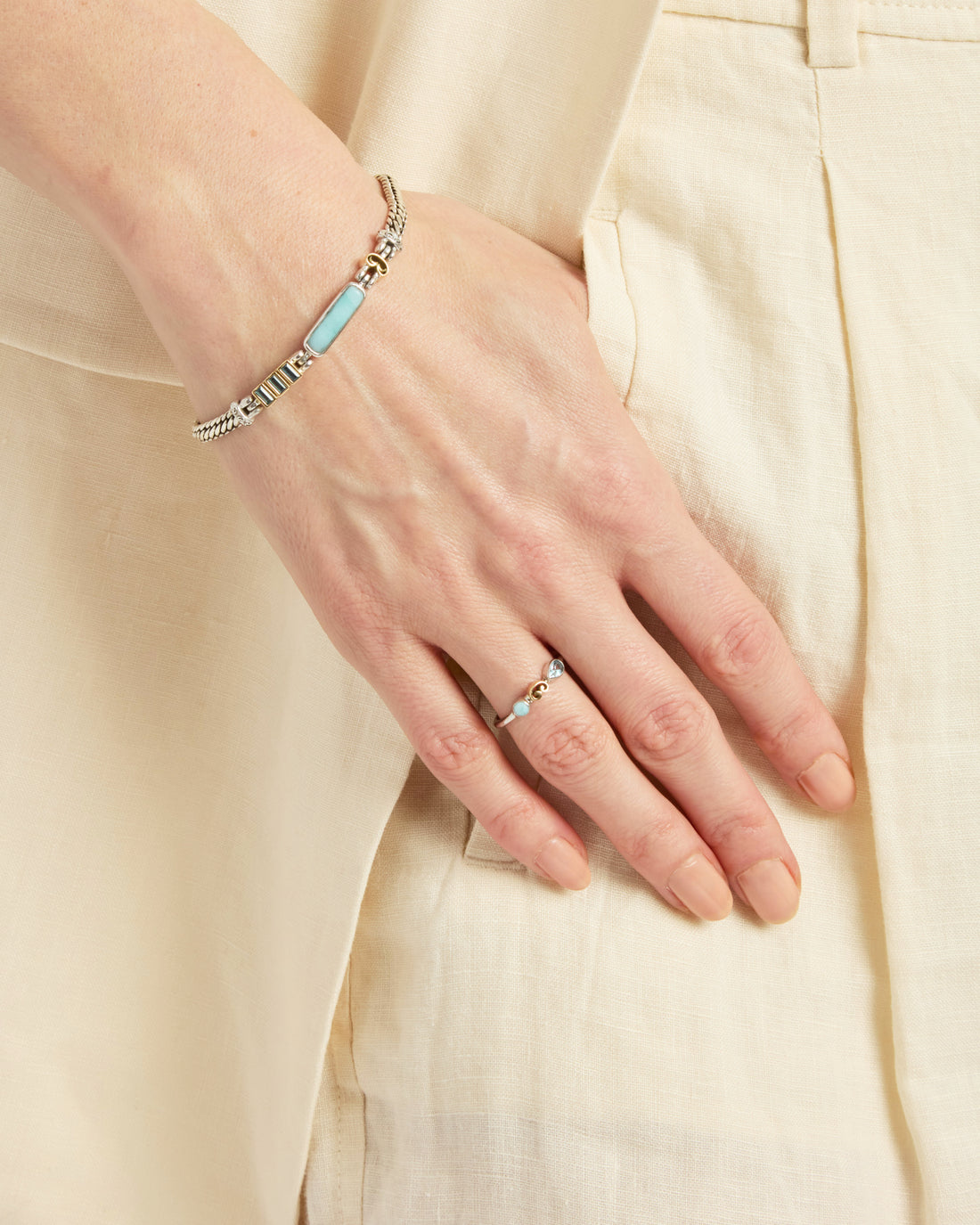 Double Stone & Petroglyph Ring - Larimar/Hampton Blue Topaz