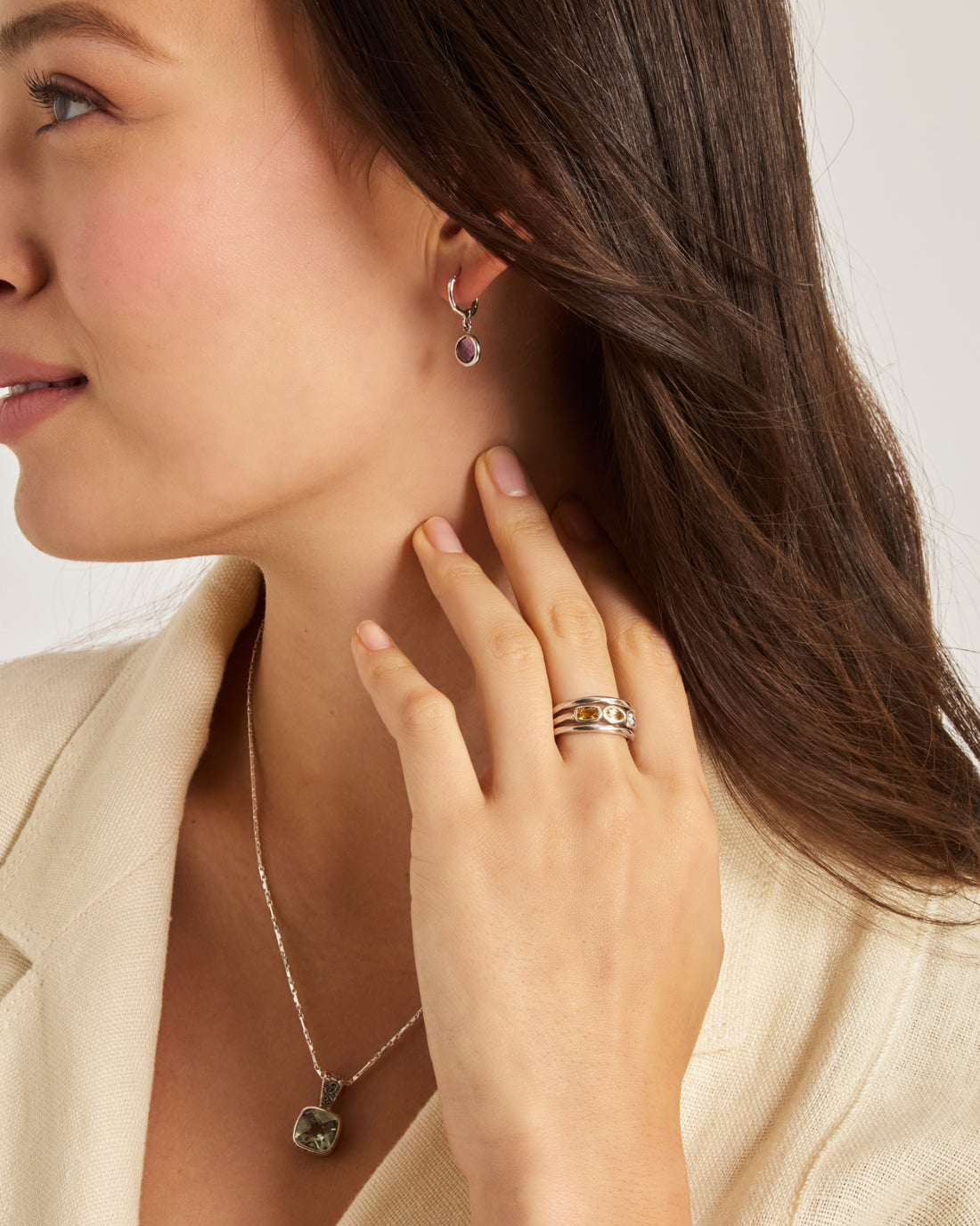 Triple Band & Stone Ring - Dark Citrine/Light Citrine/White Zircon