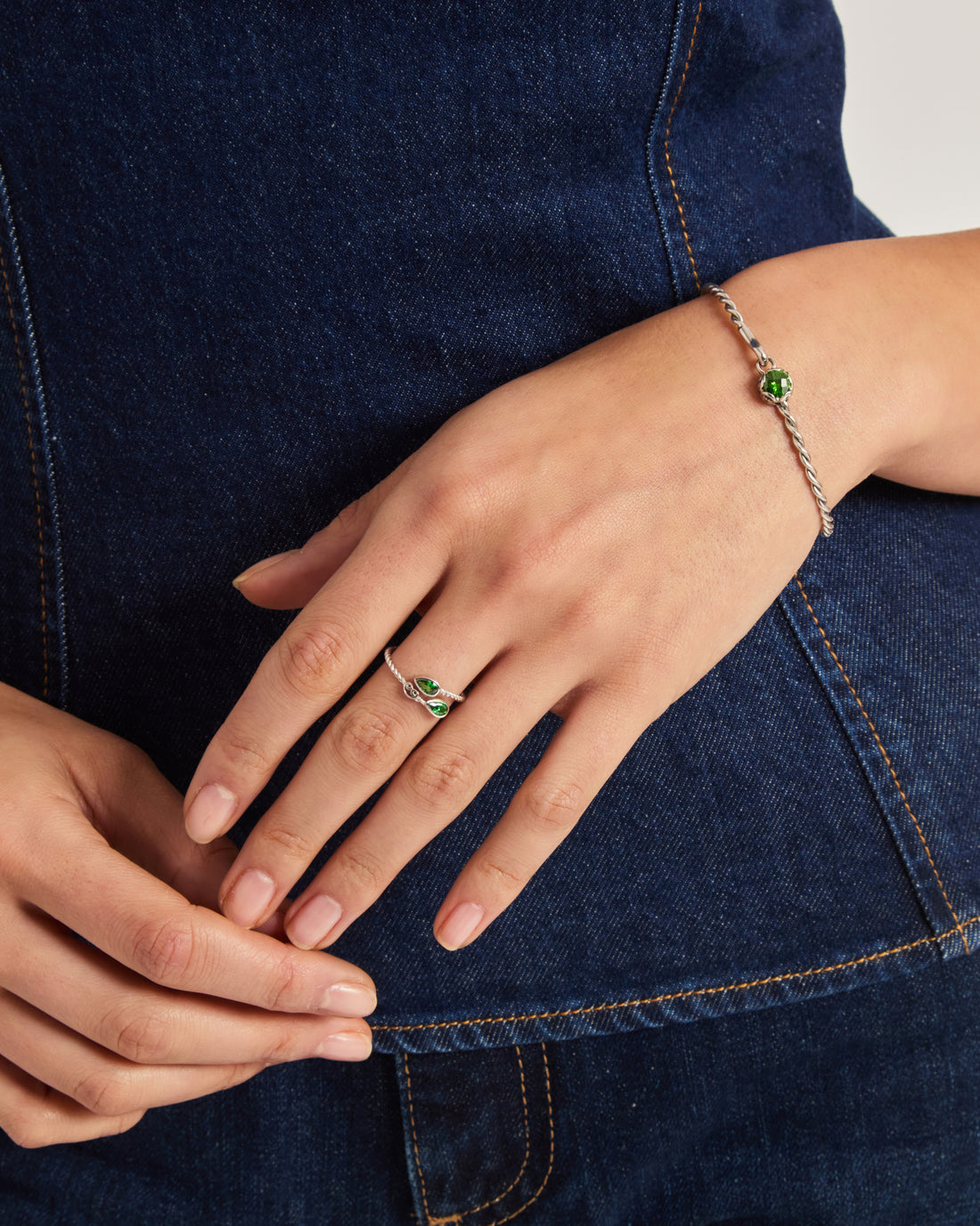 Sterling Silver Twisted Wrap Ring with Stones - Green Zircon