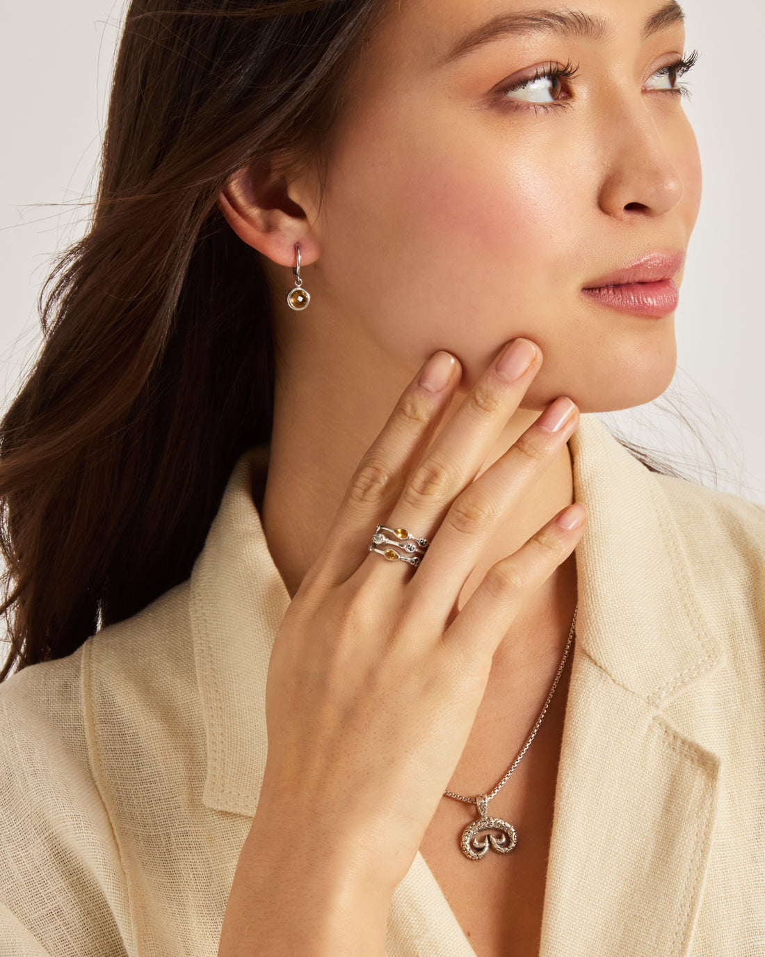 Triple Band Ring with Three Stones - Citrine/White Zircon