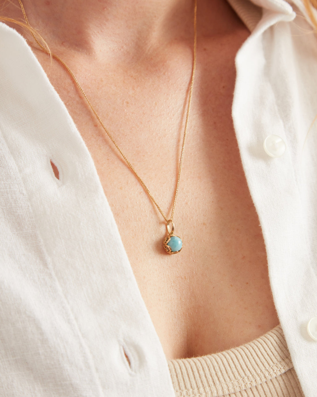 14K Gold Princess Petroglyph Stone Pendant - Larimar
