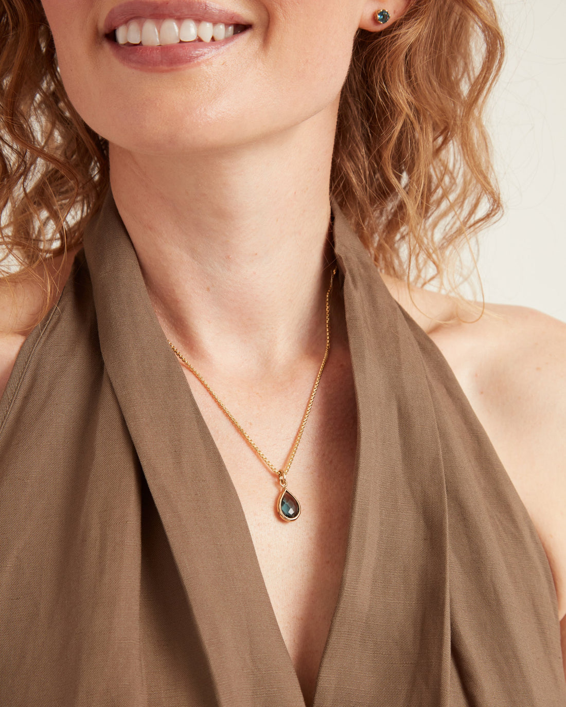 14K Gold Dewdrop Stone Pendant - London Blue Topaz