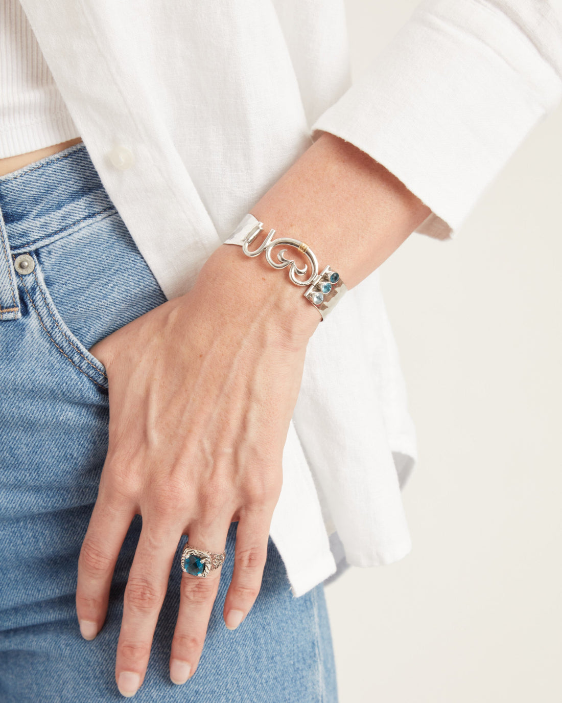Statement Petroglyph Hook Bracelet with Triple Stones, 18mm - London Blue Topaz/Hampton Blue Topaz/Sky Blue Topaz