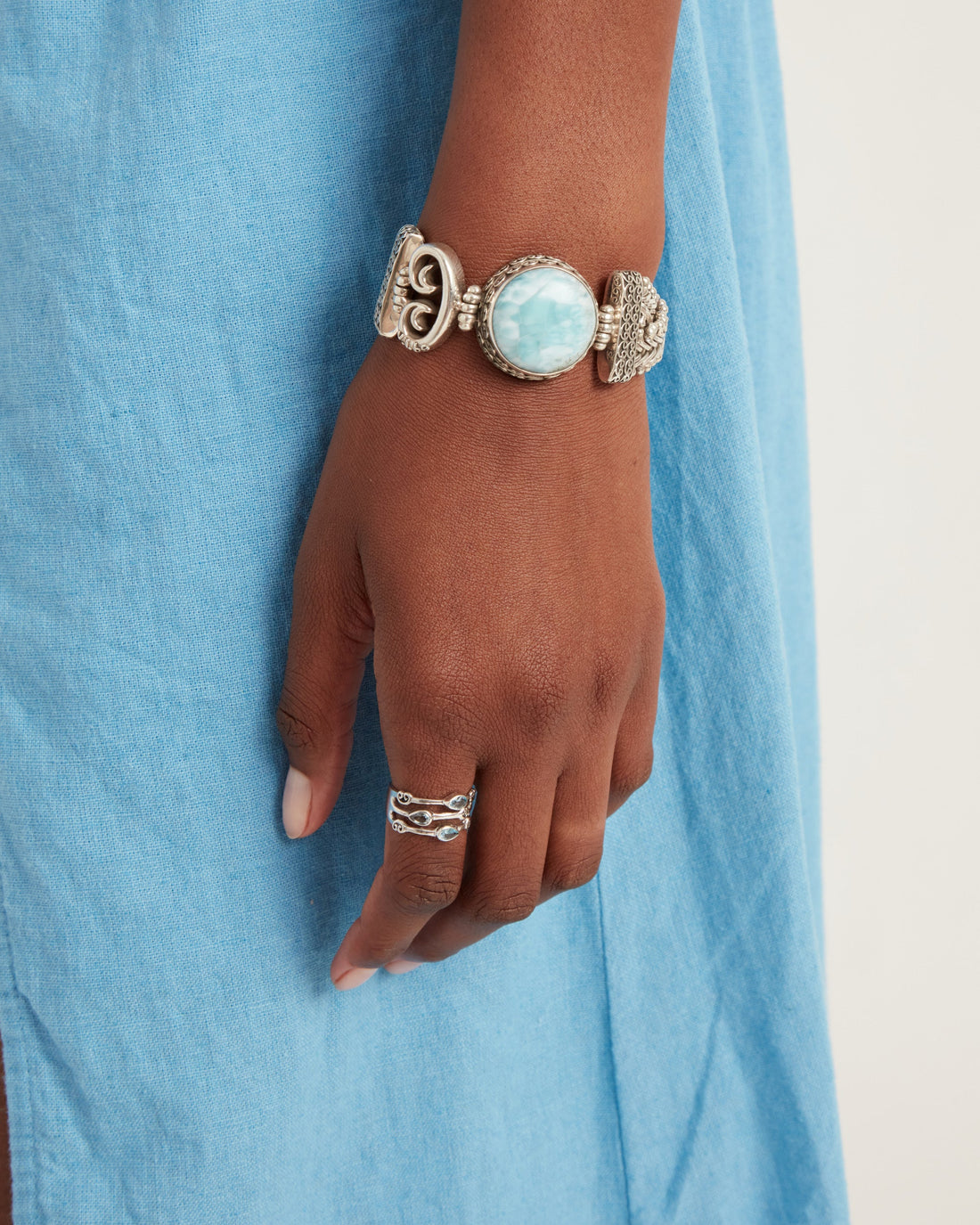 Triple Band Ring with Three Stones - Hampton Blue Topaz/Sky Blue Topaz