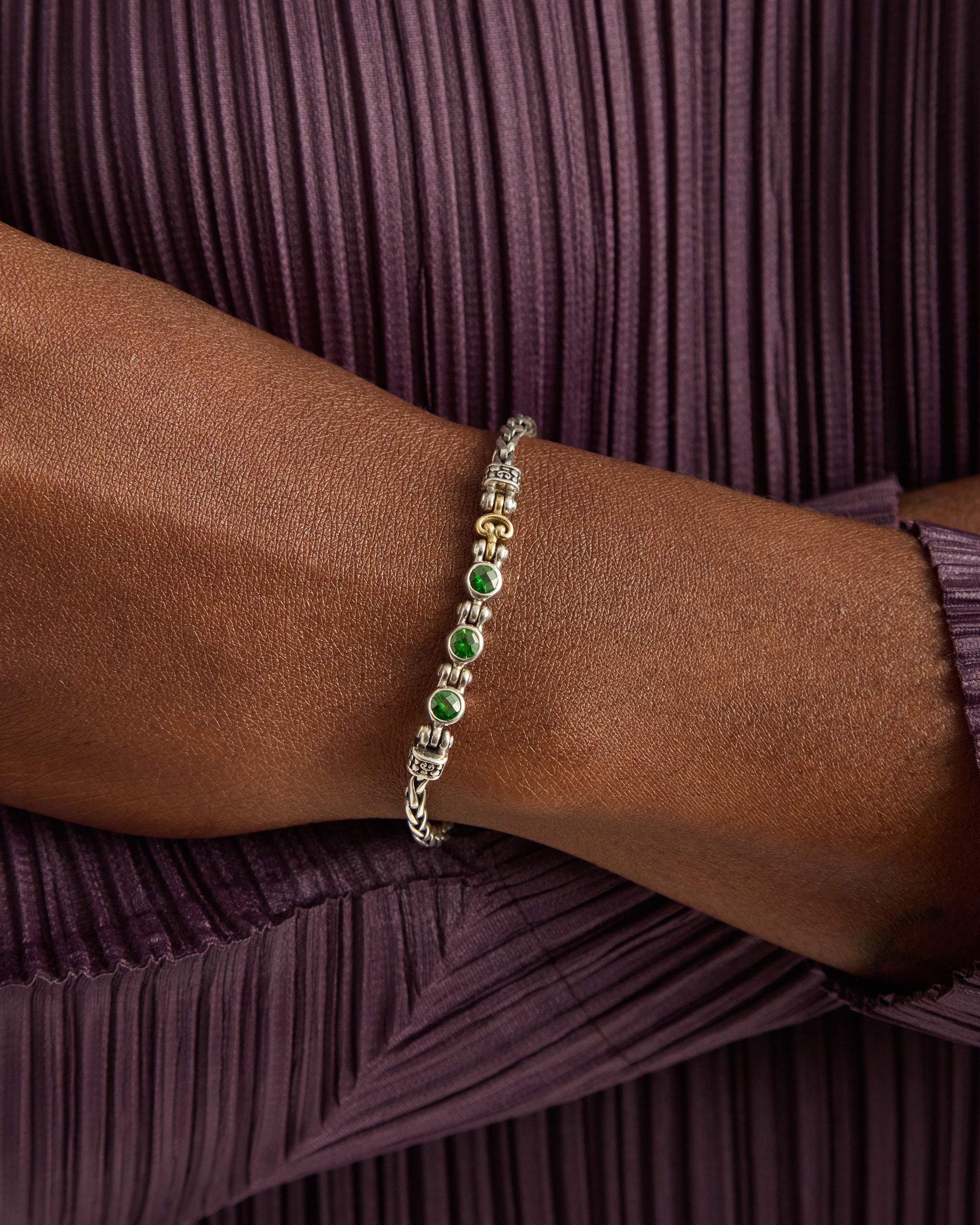 Link Bracelet with Triple Stones - Green Zircon