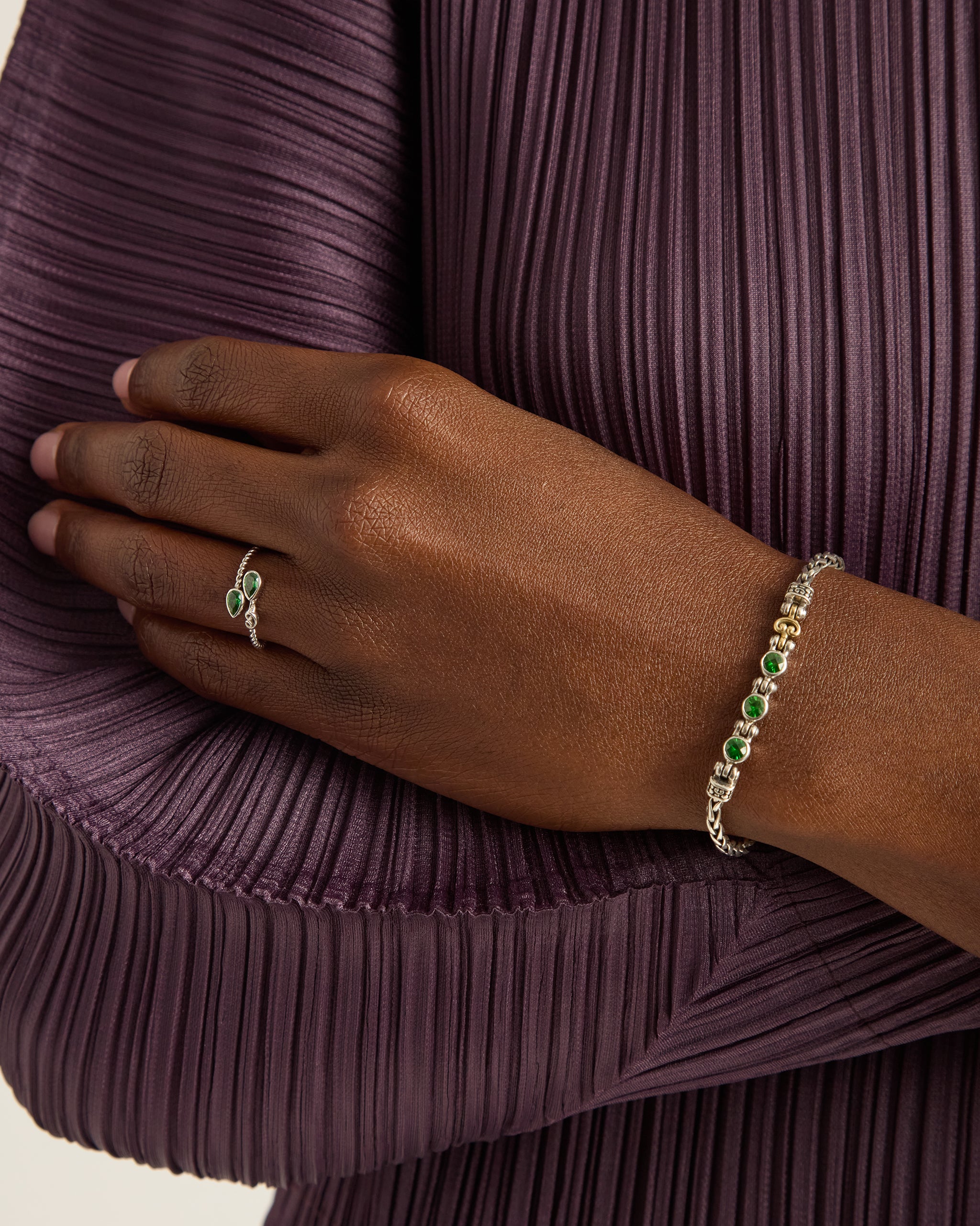 Link Bracelet with Triple Stones - Green Zircon
