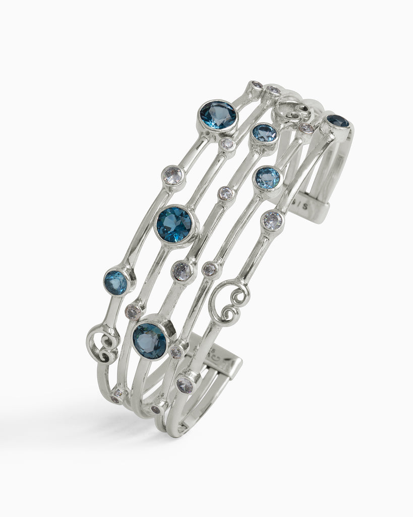 Five Band Cuff with Petroglyphs & Bubble Stones - London Blue Topaz/Hampton Blue Topaz/White Zircon