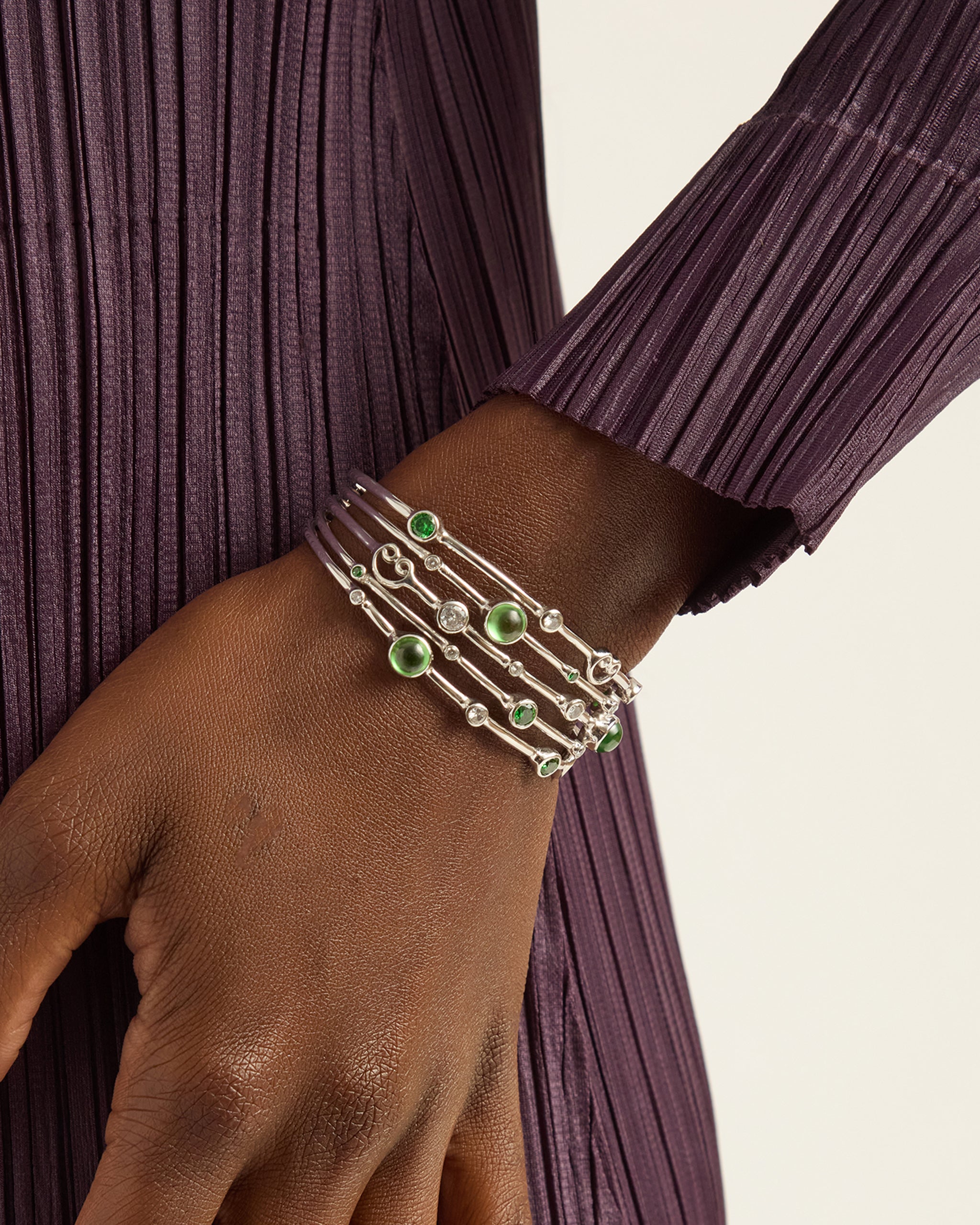 Five Band Cuff with Petroglyphs & Bubble Stones - Green Zircon/White Zircon