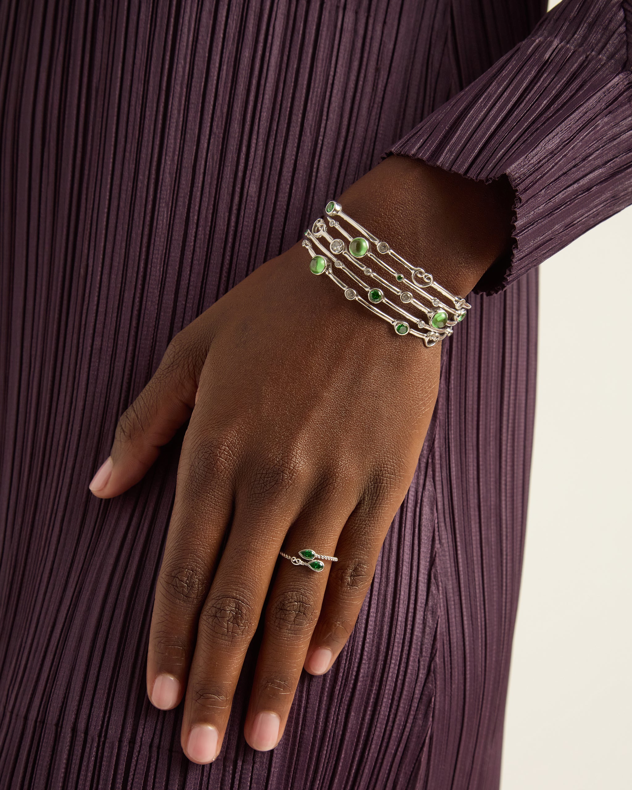 Five Band Cuff with Petroglyphs & Bubble Stones - Green Zircon/White Zircon