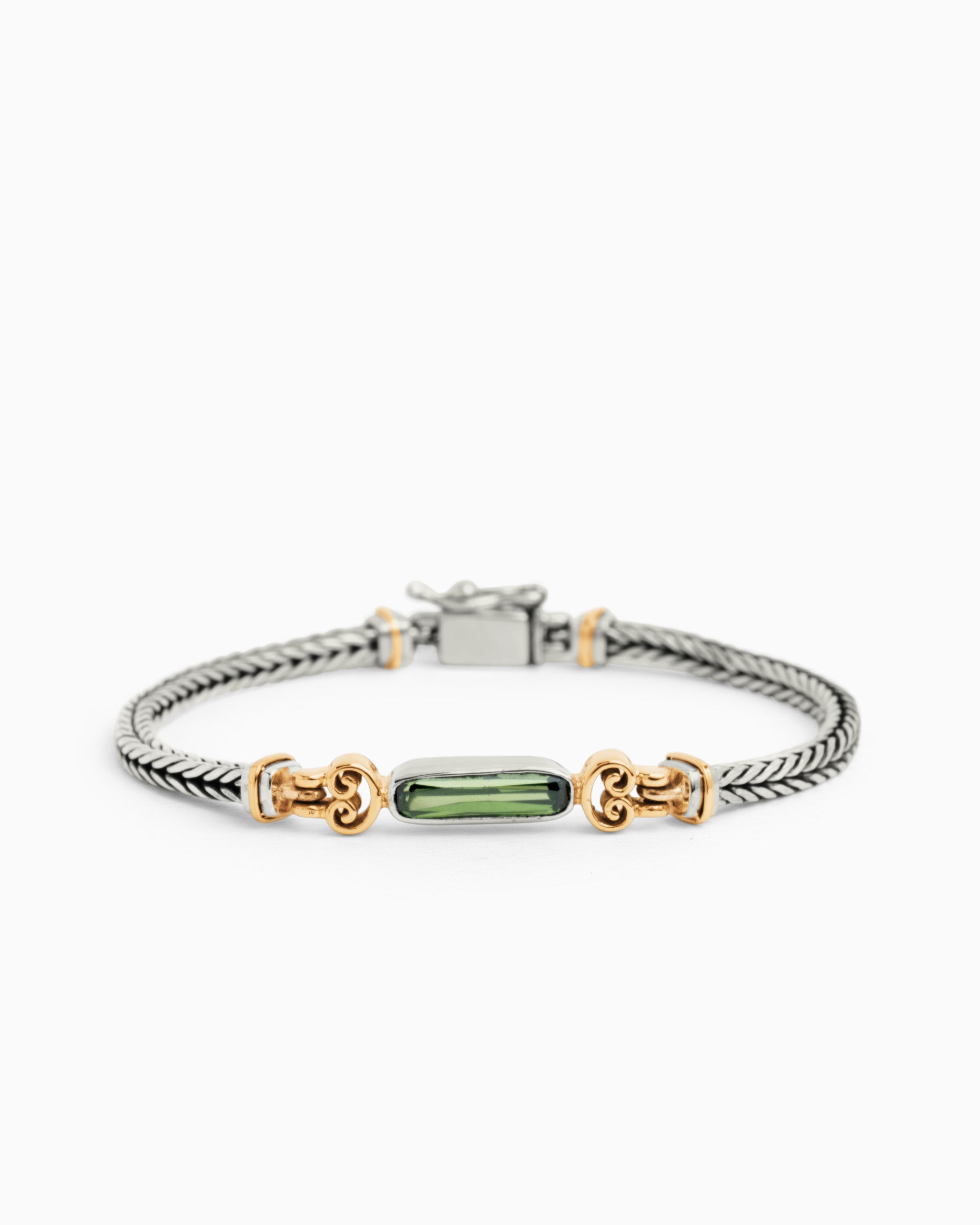 Longboard Stone Link Bracelet with Open Petroglyph & 14k Gold Accents -  Green Zircon