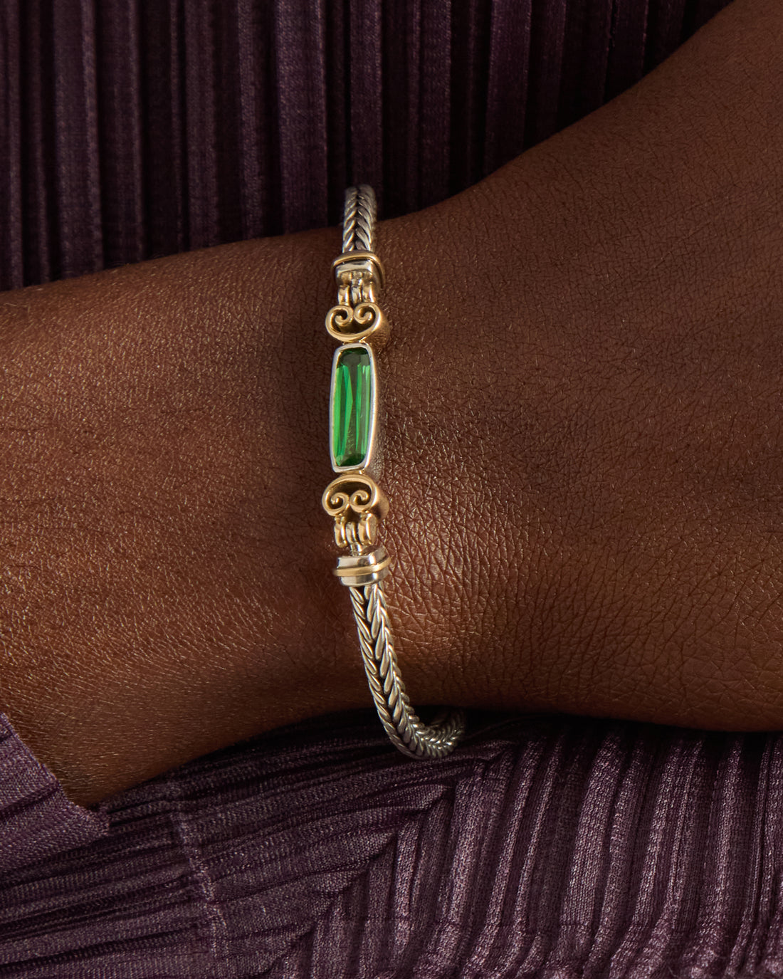 Longboard Stone Link Bracelet with Open Petroglyph & 14k Gold Accents -  Green Zircon