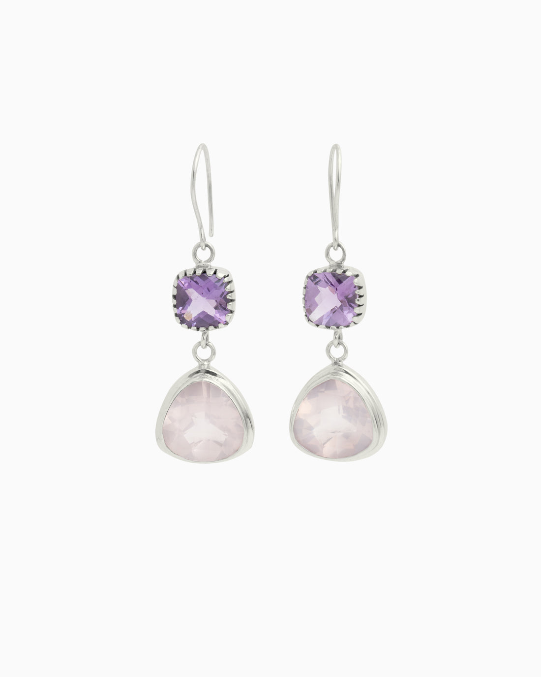 Angelfish Double Stone Drop Earrings - Amethyst/Rose Quartz