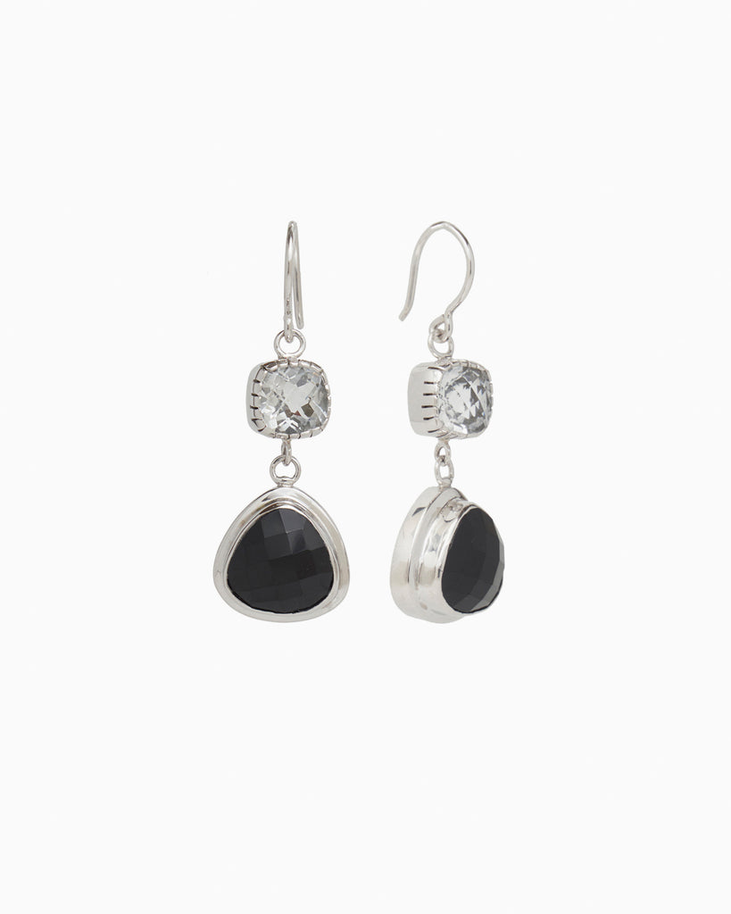 Angelfish Double Stone Drop Earrings - White Topaz/Black Onyx