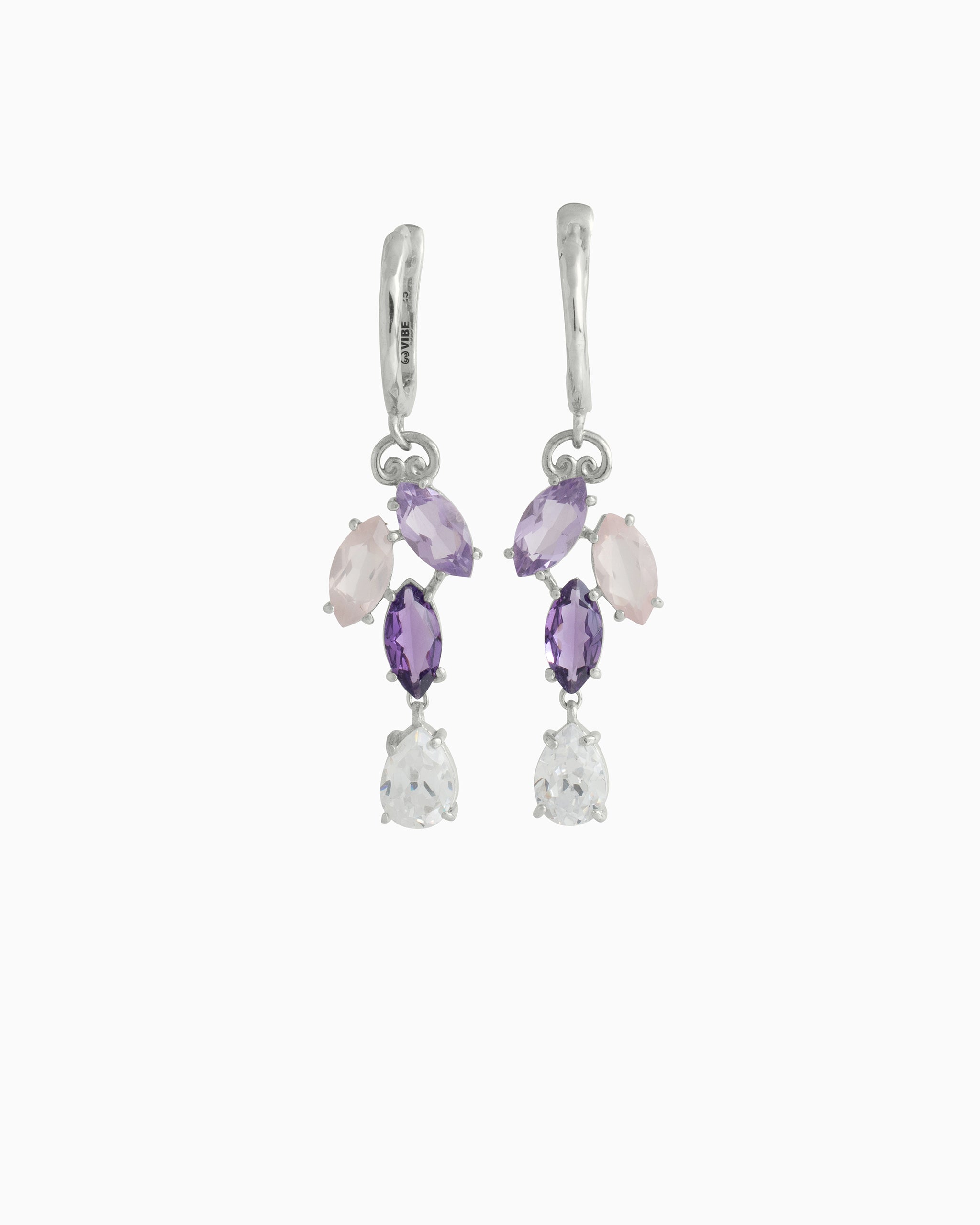 Gemstone Chandelier Drop Huggie - Rose Quartz/Amethyst/White Zircon