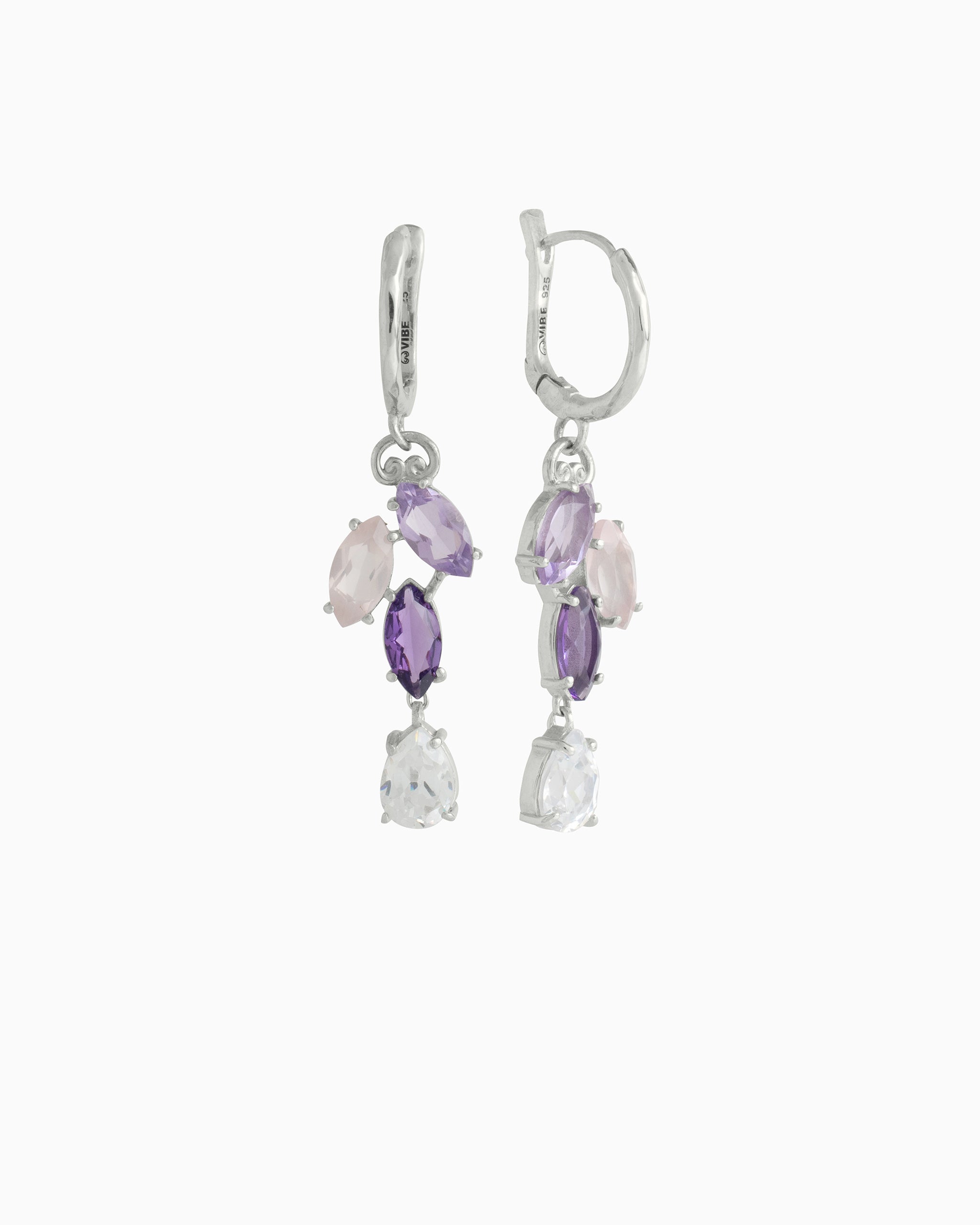 Gemstone Chandelier Drop Huggie - Rose Quartz/Amethyst/White Zircon