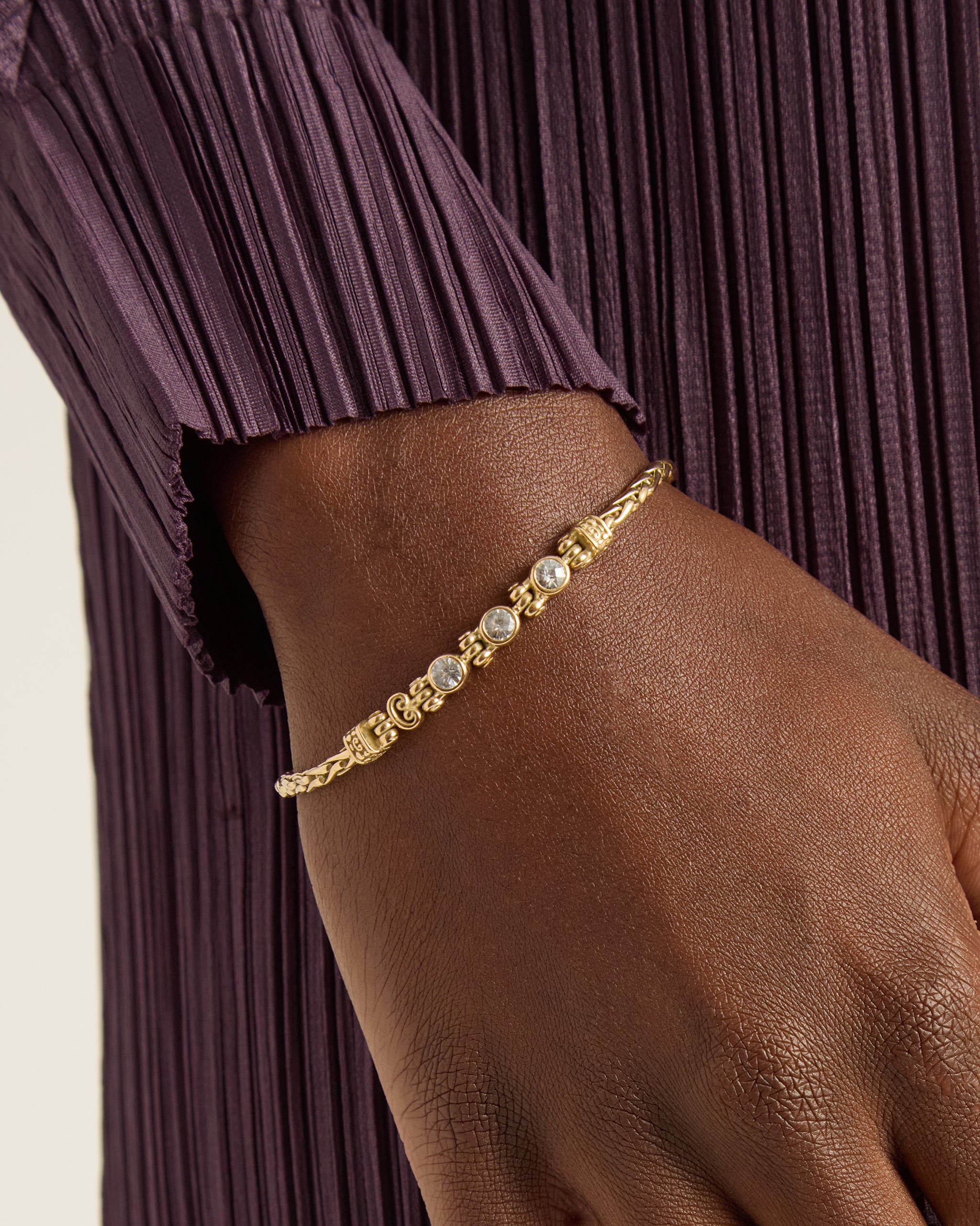 14K Gold Link Bracelet with Triple Stones - White Zircon