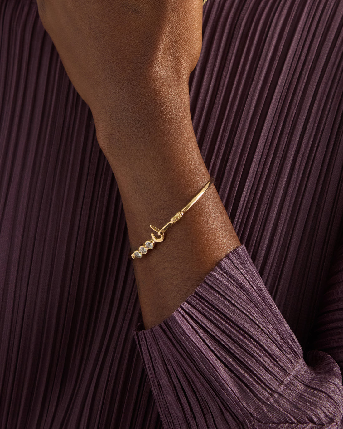 14K Gold St. John Hook Bracelet with Triple Stones, 2mm - White Zircon