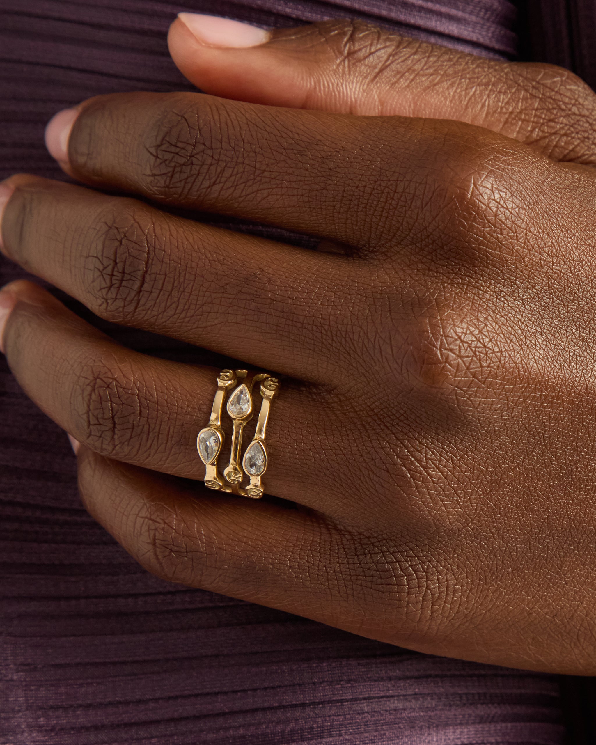 14K Gold Triple Band Ring with Stones - White Zircon