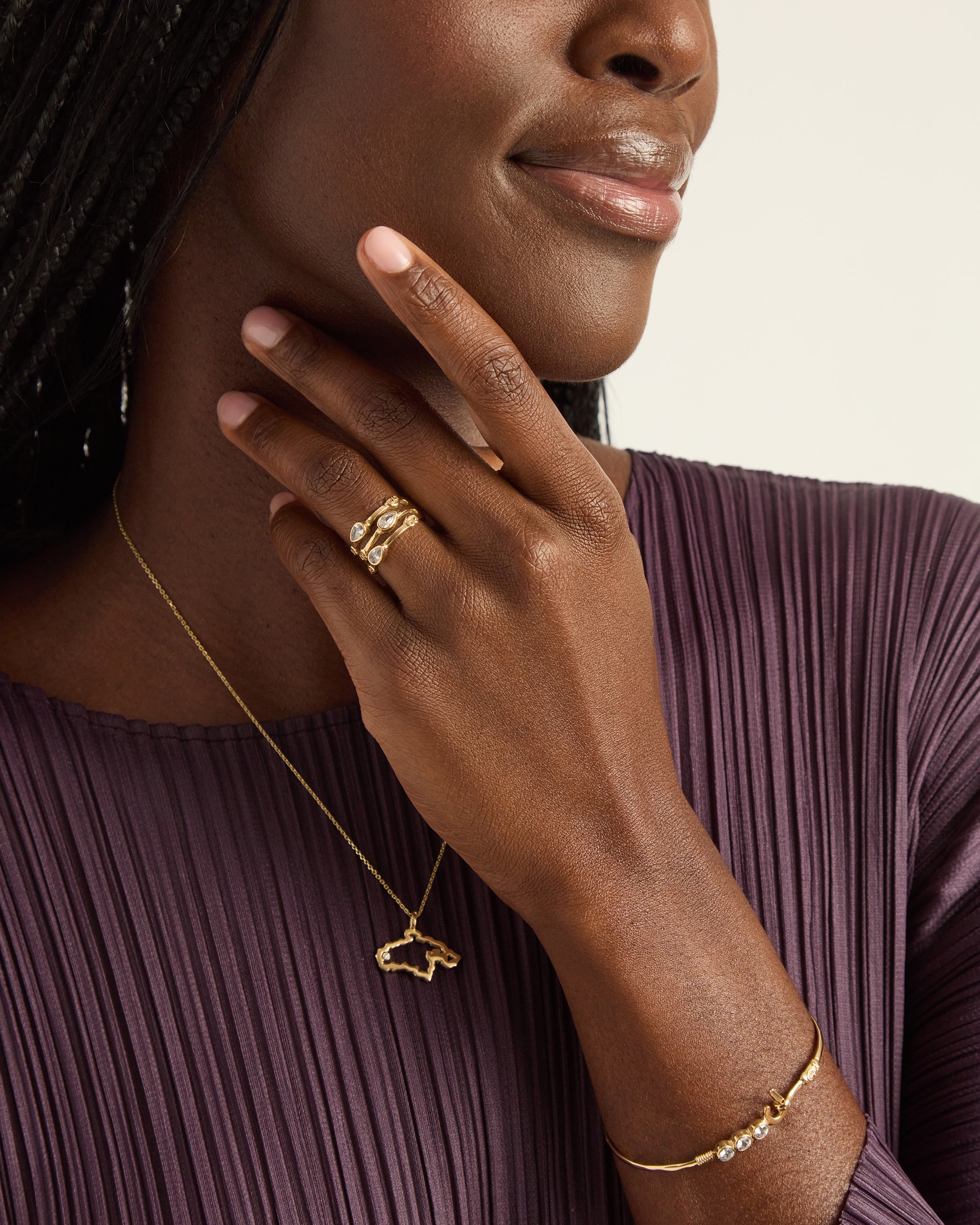 14K Gold Triple Band Ring with Stones - White Zircon