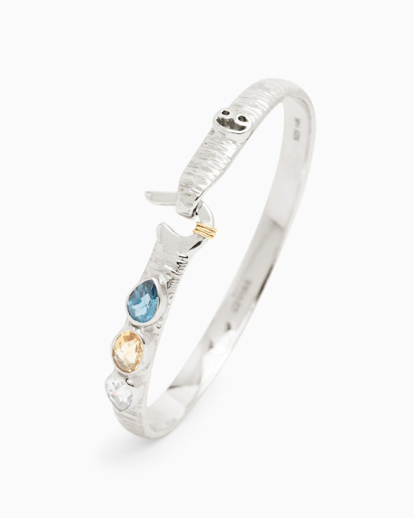 Water Texture St. John Hook Bracelet with Triple Stones, 6mm - London Blue Topaz/Citrine/White Zircon