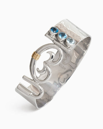 Statement Petroglyph Hook Bracelet with Triple Stones, 18mm - London Blue Topaz/Hampton Blue Topaz/Sky Blue Topaz