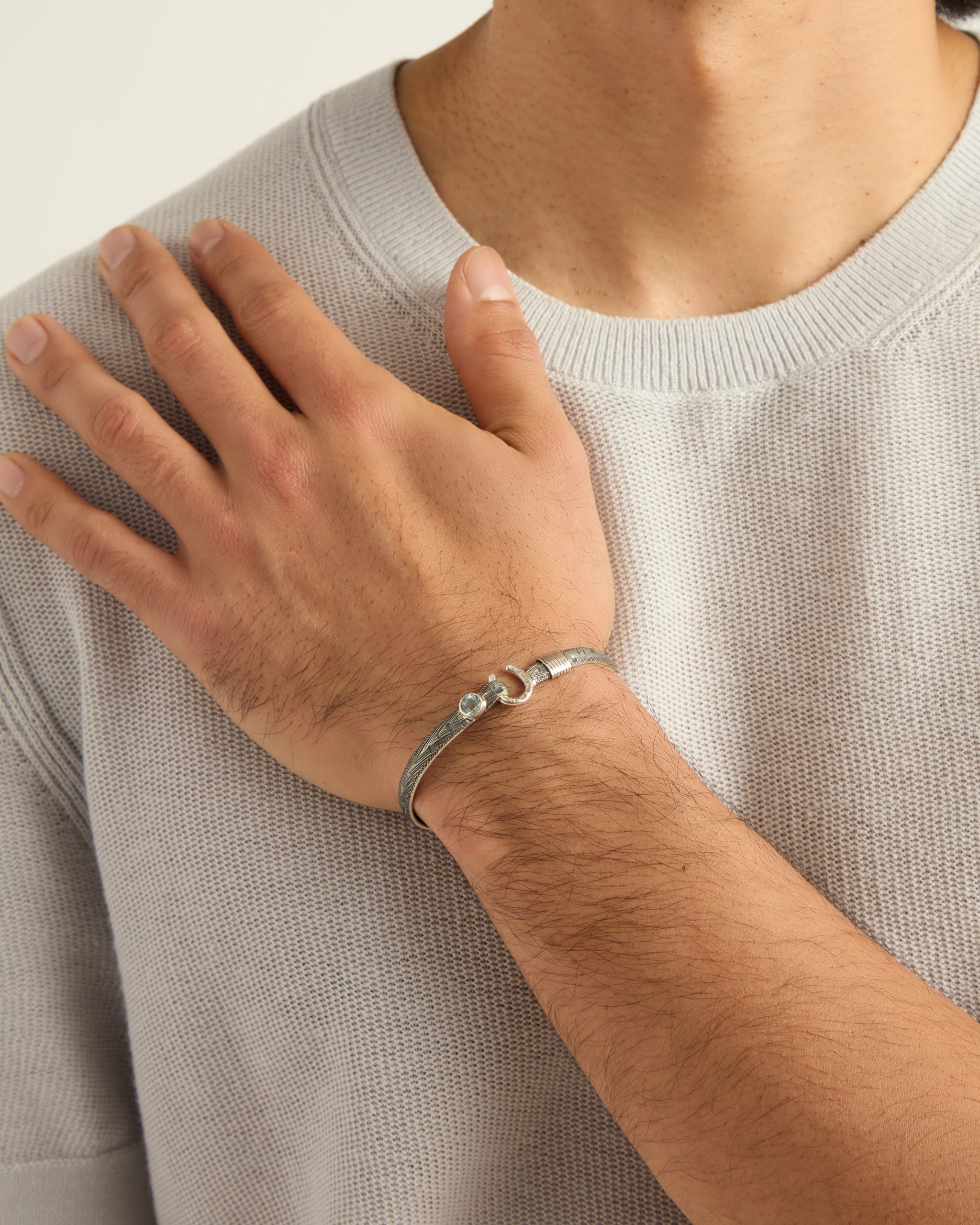 Marine Texture Hook Bracelet with Stone, 5mm - Sky Blue Topaz