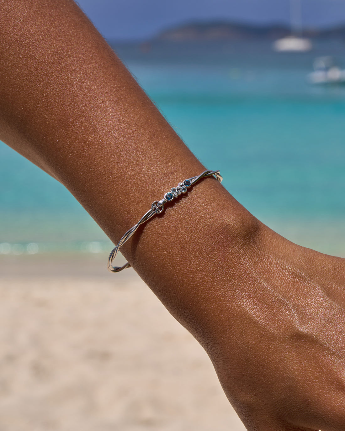 Twisted Petroglyph Bracelet with Bubble Stones - London Blue Topaz/Hampton Blue Topaz/White Zircon