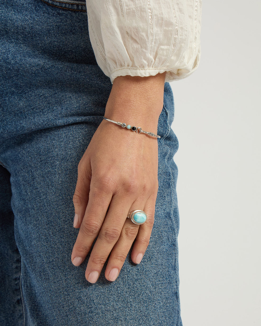 The Hook Bracelet with Triple Stones, 2mm - Black Onyx/Larimar/Zircon