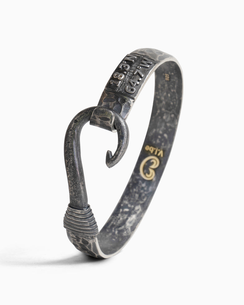 Pirate Texture Fish Hook Bracelet with St. John Coordinates, 10mm Oxidized Sterling Silver / M