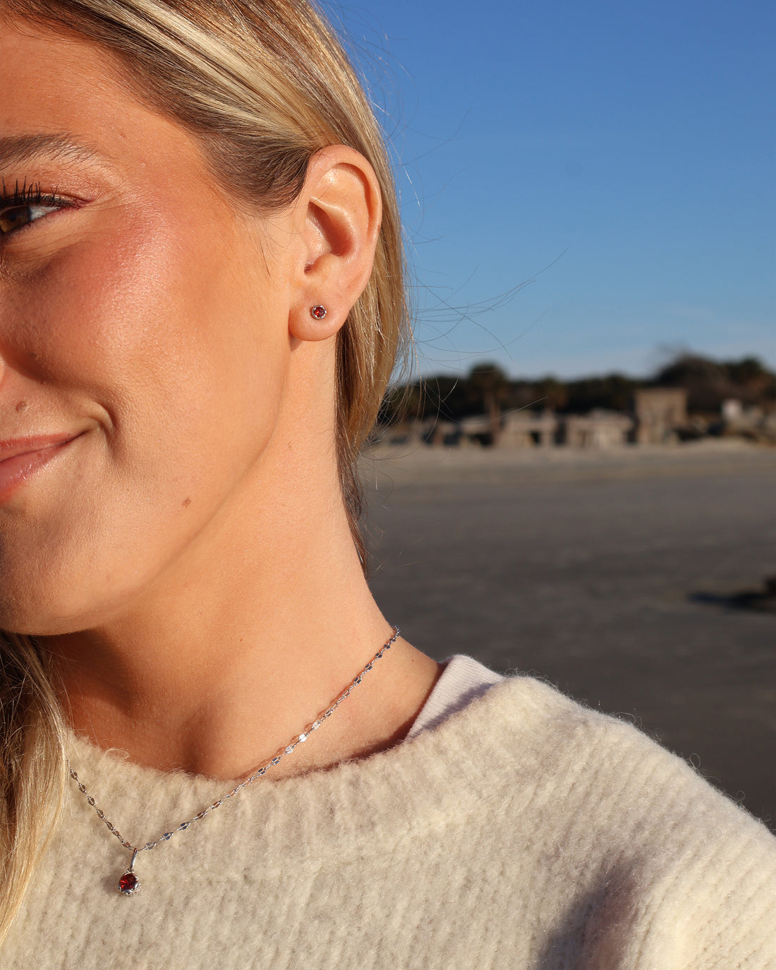 Mini Princess Petroglyph Stud Earrings - Red Zircon