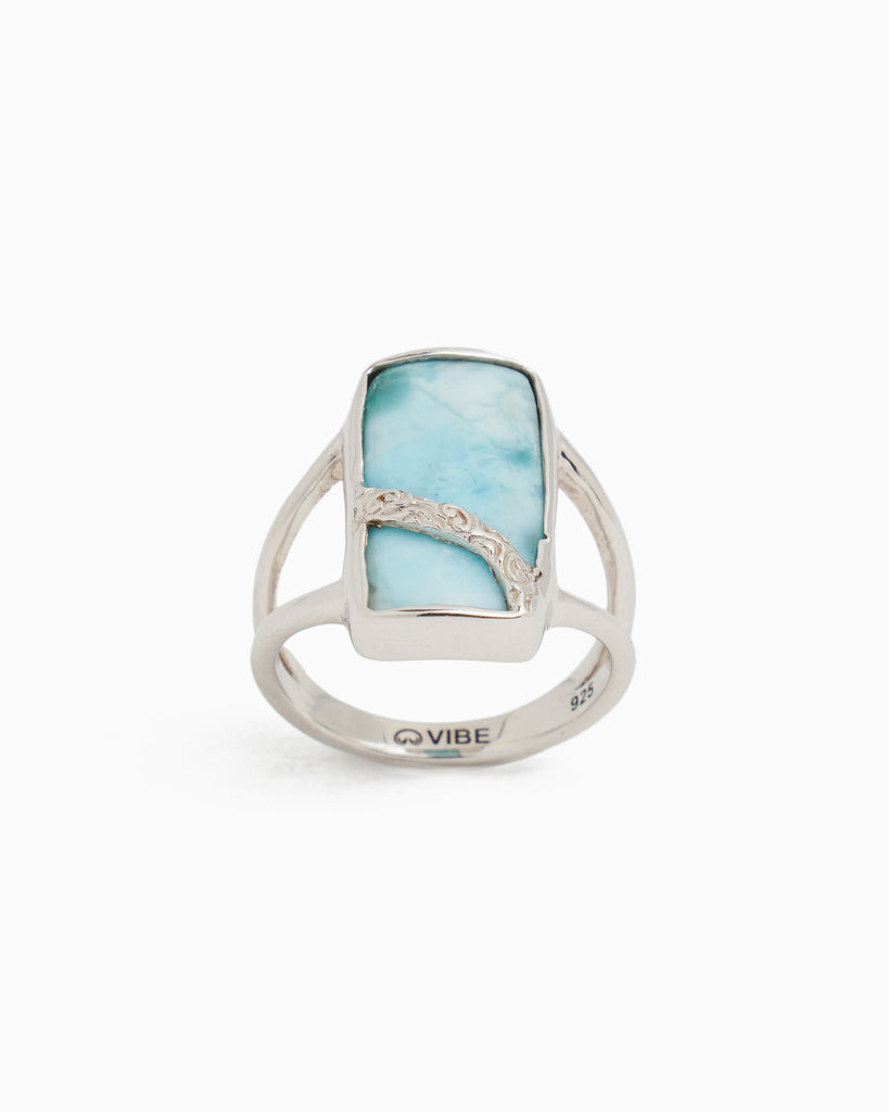 Stone Ring with Reef Texture Ribbon - Larimar