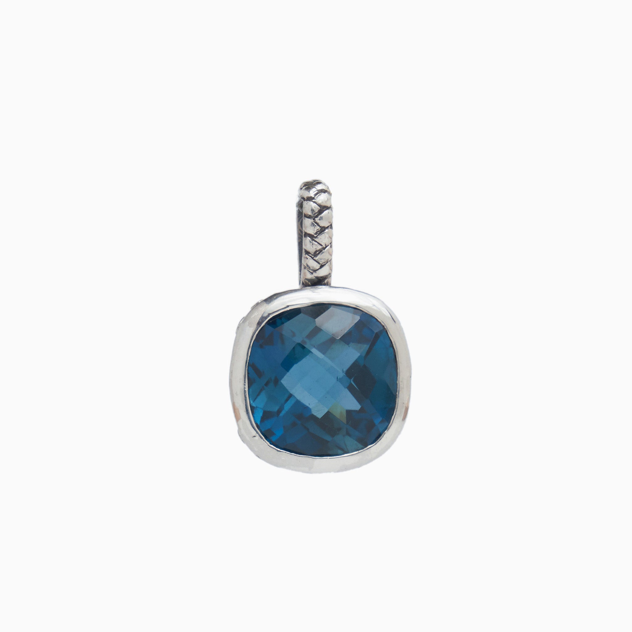 Square Stone Pendant with Petroglyph Texture - London Blue Topaz