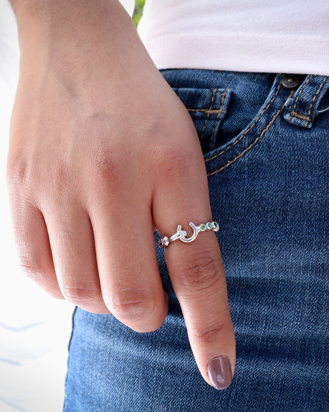 The Hook Ring with Triple Stones - Green Zircon