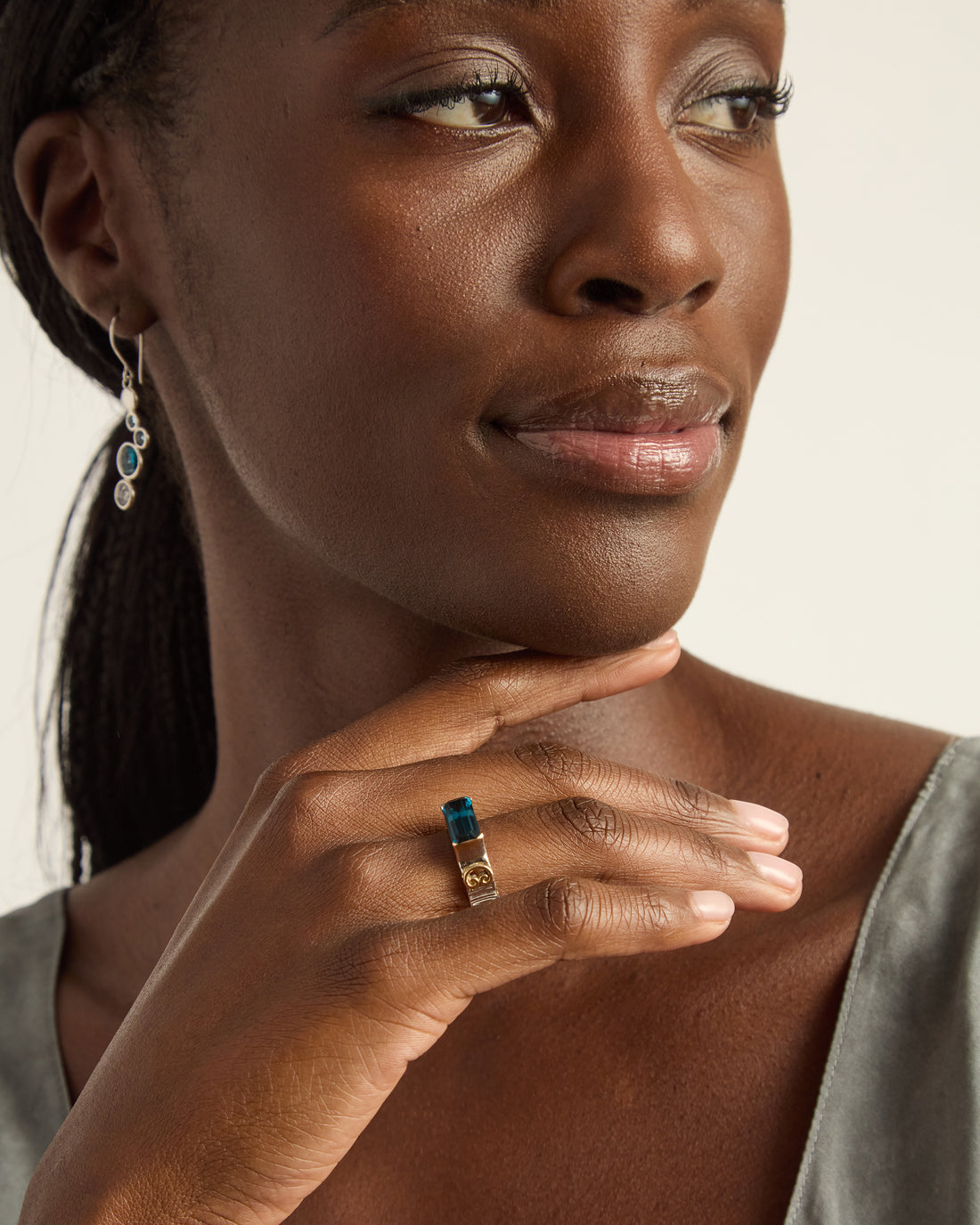 Water Texture Elongated Stone Ring - London Blue Topaz