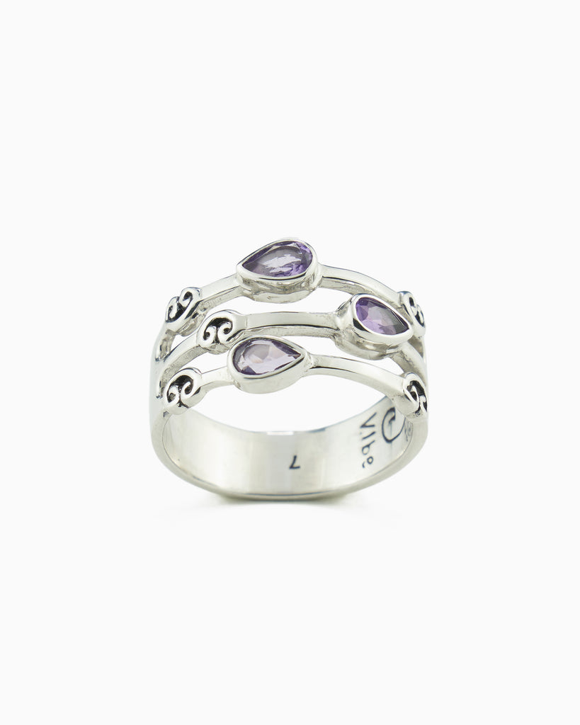 Triple Band Ring with Three Stones - Amethyst