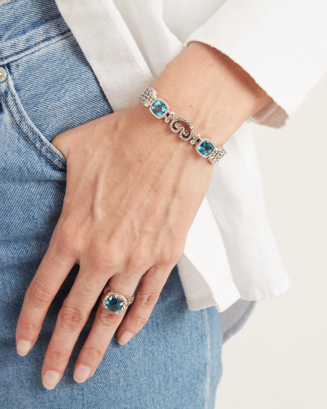 Textured Reef Bay Link Bracelet with Stones & Petroglyph - Hampton Blue Topaz