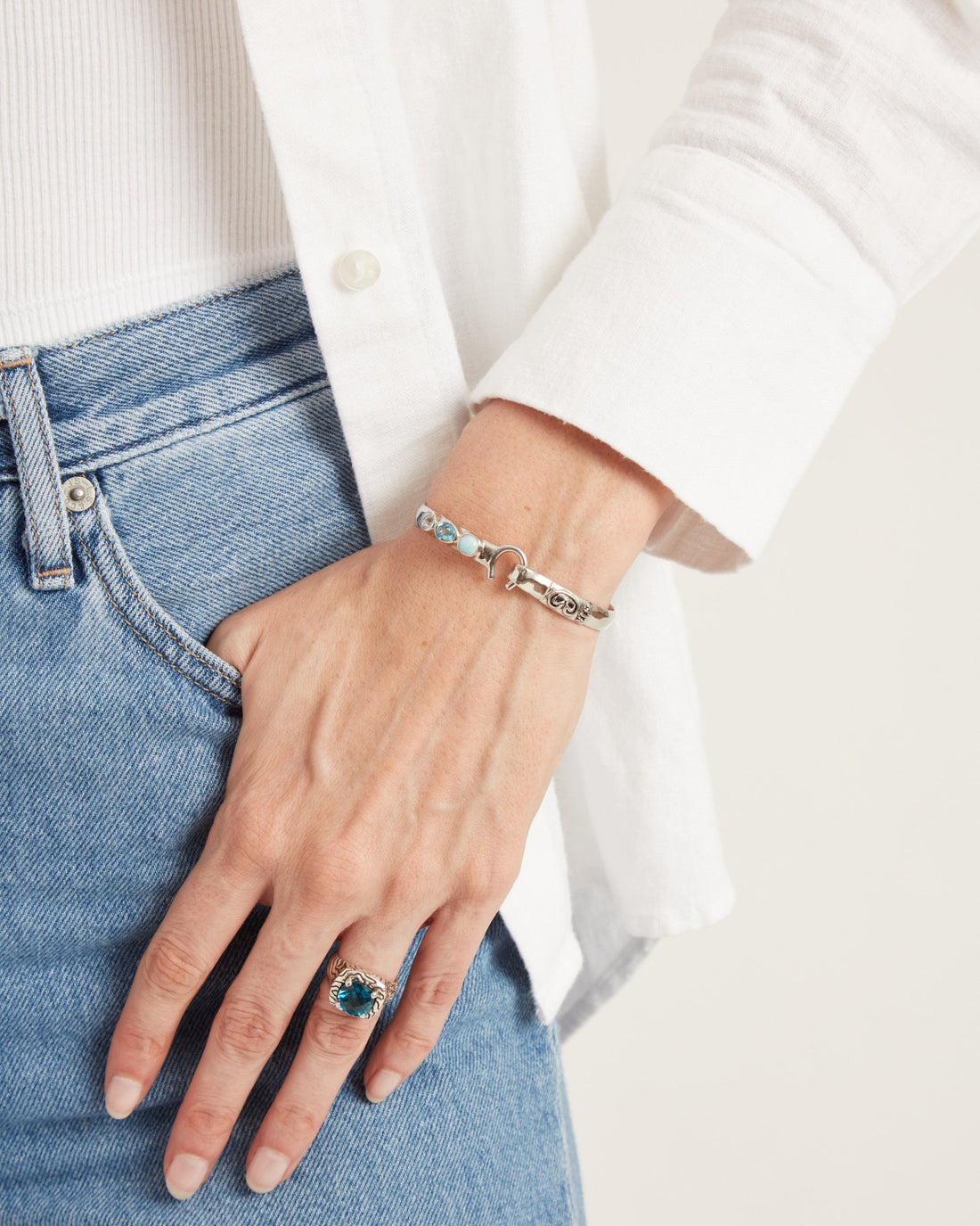 The Hook Bracelet with Triple Stones, 6mm - Larimar/Hampton Blue Topaz/White Zircon