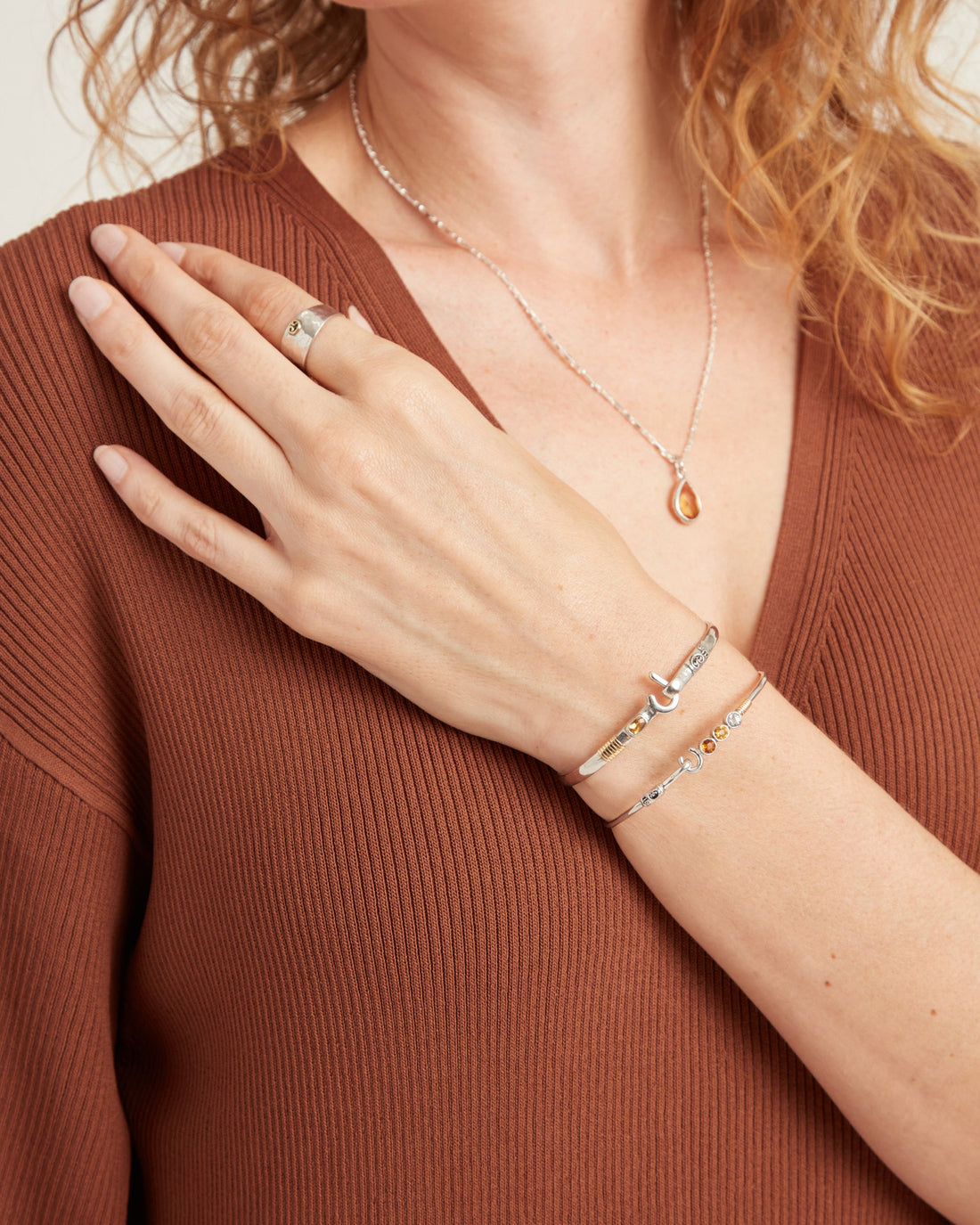 The Hook Bracelet with Triple Stones, 2mm - Honey Citrine, Lemon Citrine, White Zircon